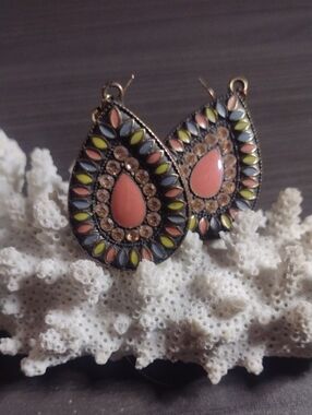Vintage Coral Teardrop Enamel Earrings with Multicolor Accents